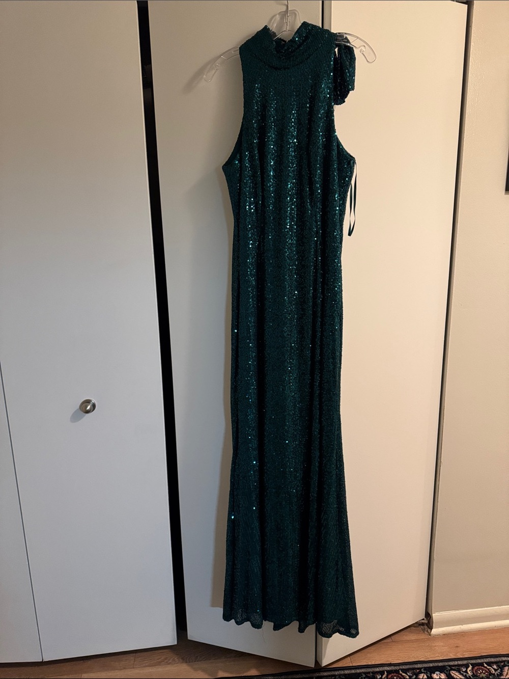 Mac Duggal Dark Teal Sequin Halter Maxi Gown